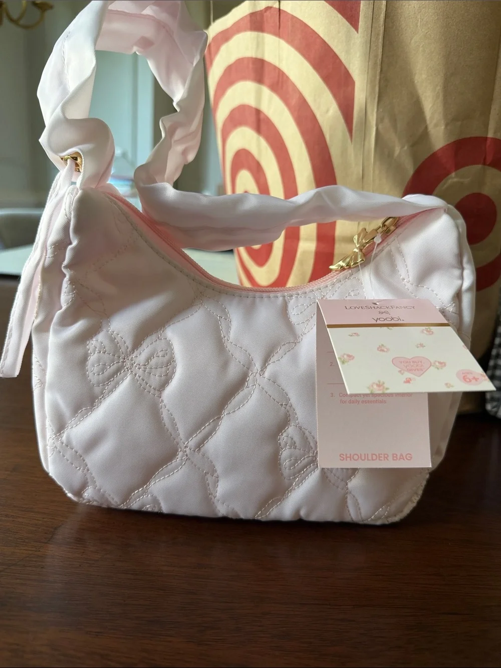 LoveShackFancy Light Pink Quilted Bow-Accent Shoulder Bag